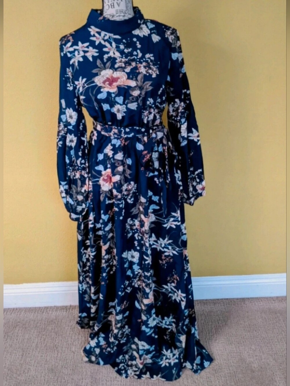 Floral Mock-Neck Long Sleeve Maxi Dress - Navy